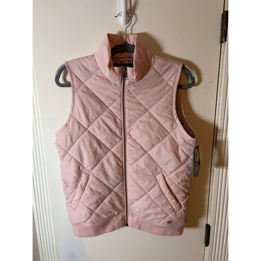 Dickies Women Pink Quilted Puffer Vest Jersey Lined Full Zip Small NEW